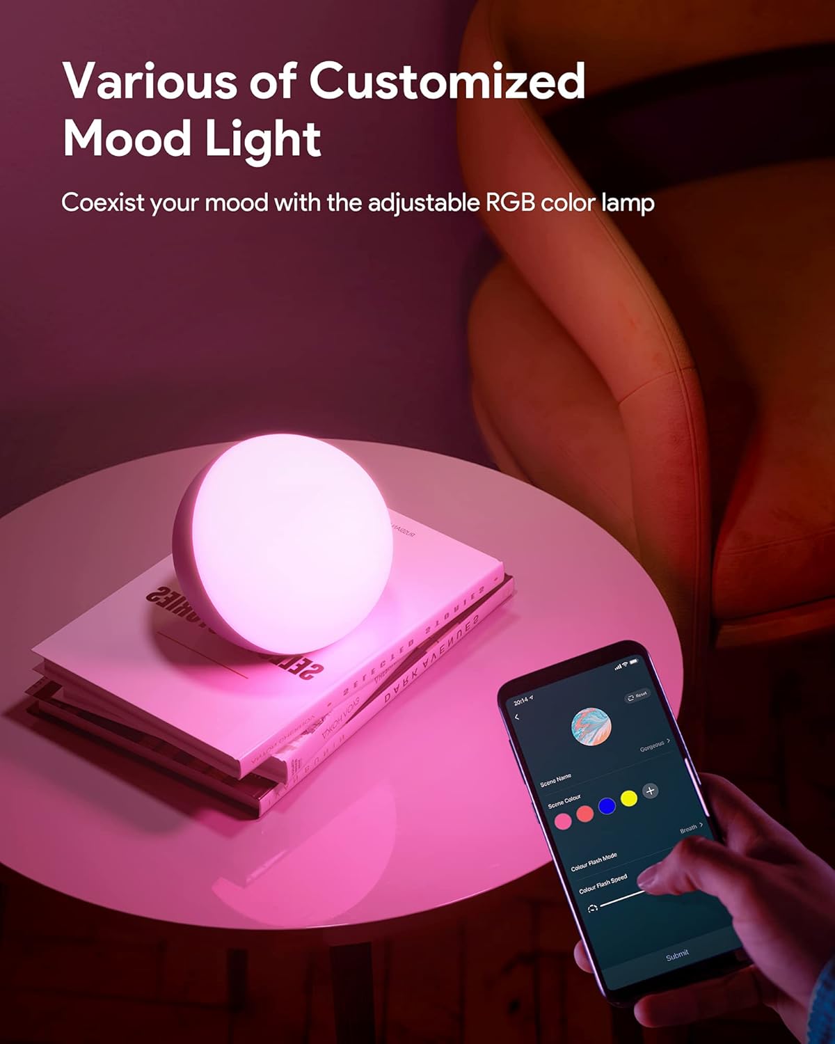 8 preset scene modes plus music-rhythm light sync for entertainment