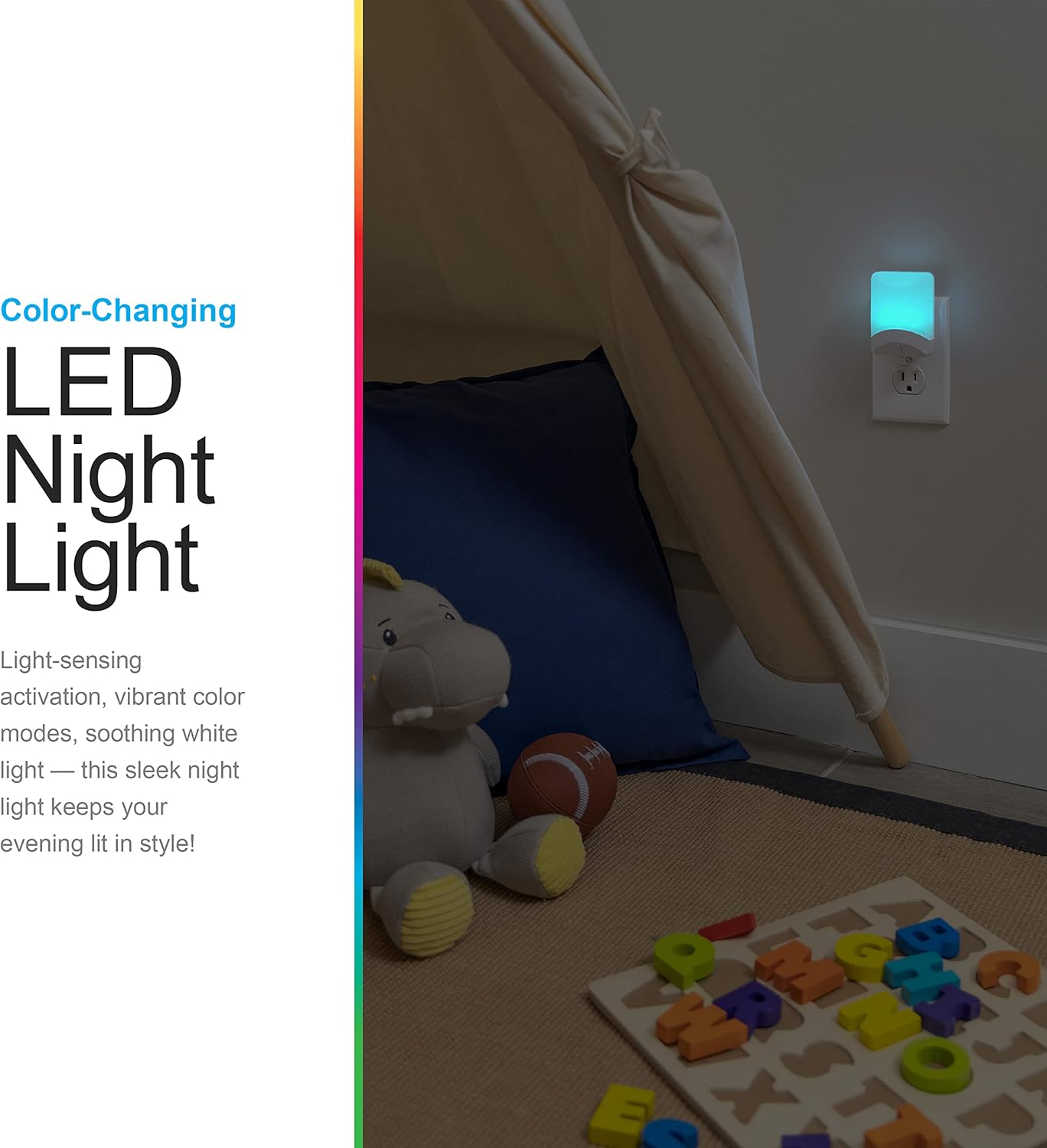 8 selectable colors (red, green, blue, pink, orange, purple, yellow, teal)