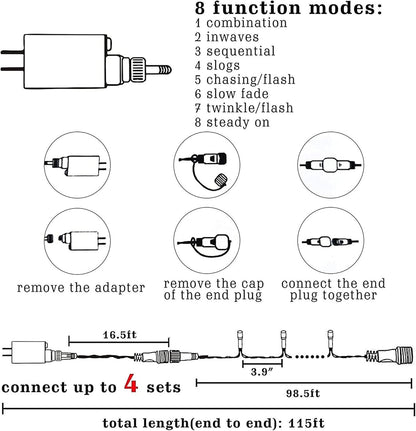 8 selectable lighting modes (combination, in waves, sequential, slo-go, chasing/flash, slow fade, twinkle/flash, steady on) controlled via button on the plug