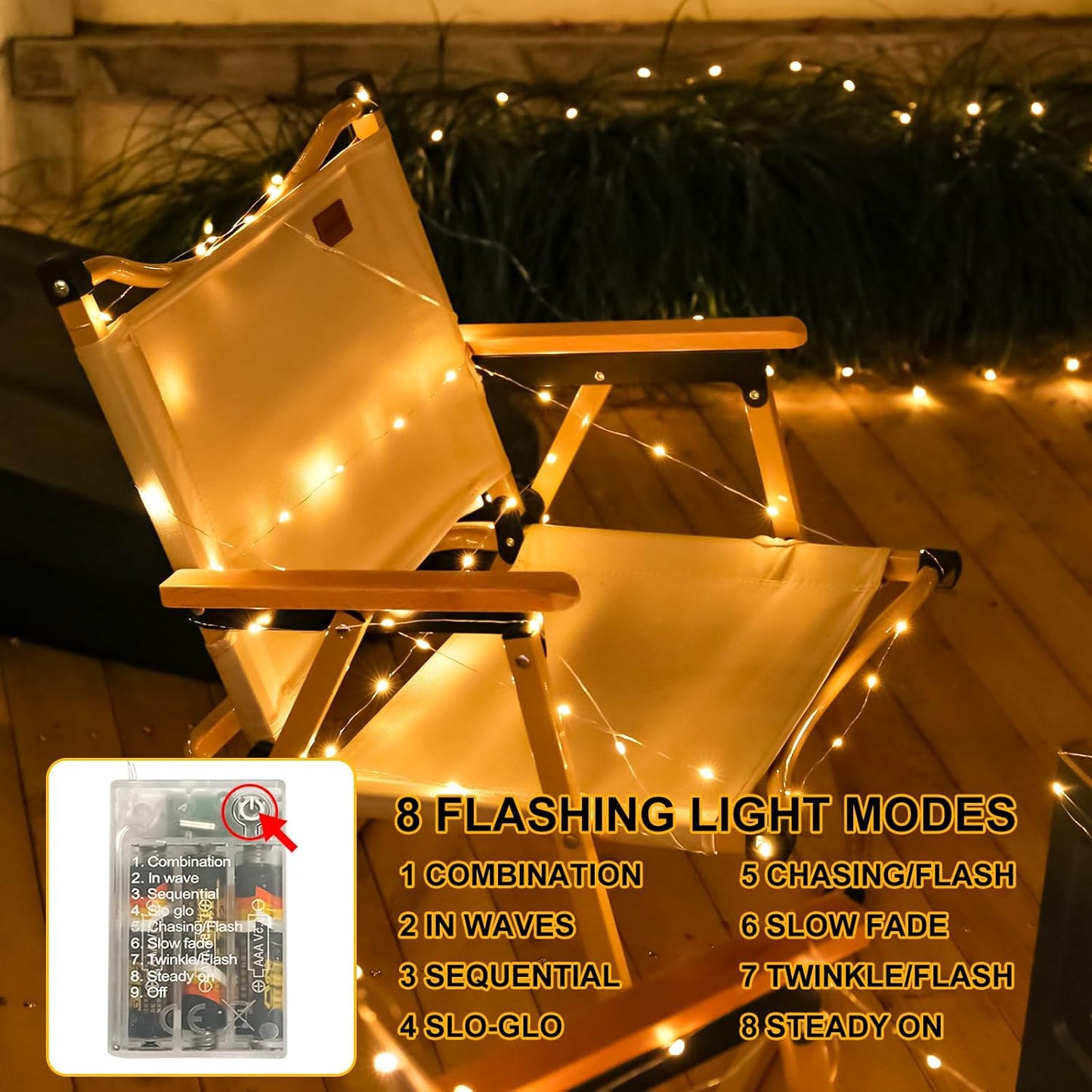 8 selectable lighting modes (combination, wave, sequential, slo glo, chasing, slow fade, twinkle, steady on)