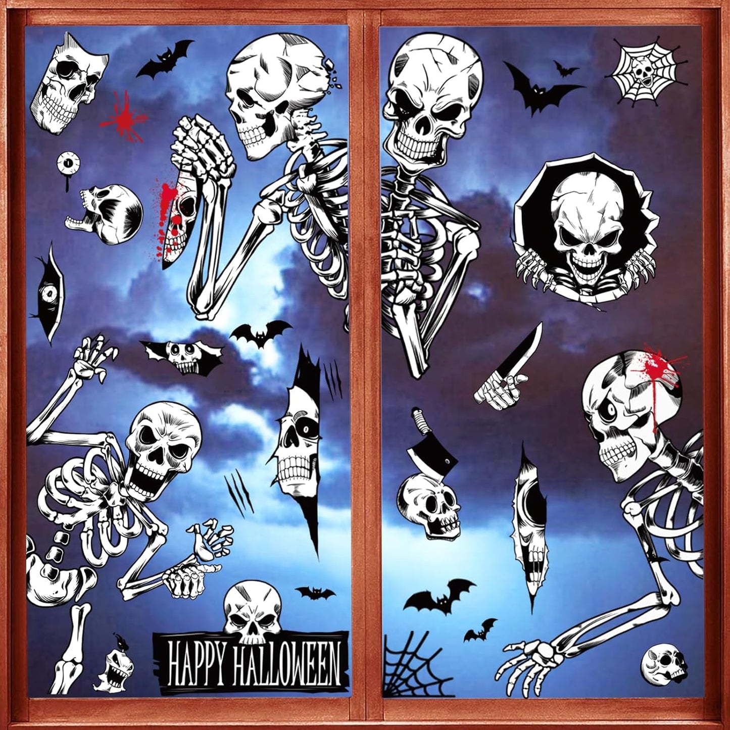 8 sheets per set measuring 13.8 x 9.8 inches with mixed skeleton, skull, bat, and blood drop patterns