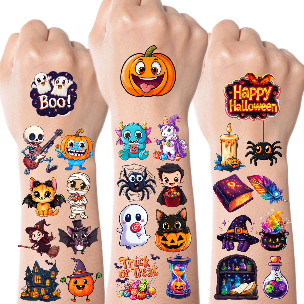 8 sheets with 20 unique designs each (160 total) covering pumpkins, witches, ghosts, bats, spiders, skeletons, and more