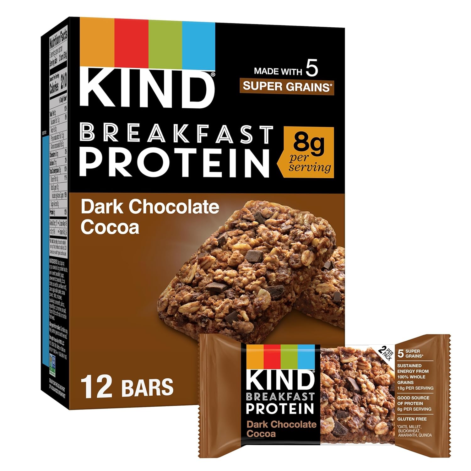 8g protein per bar sourced from soy protein isolate and whole grains