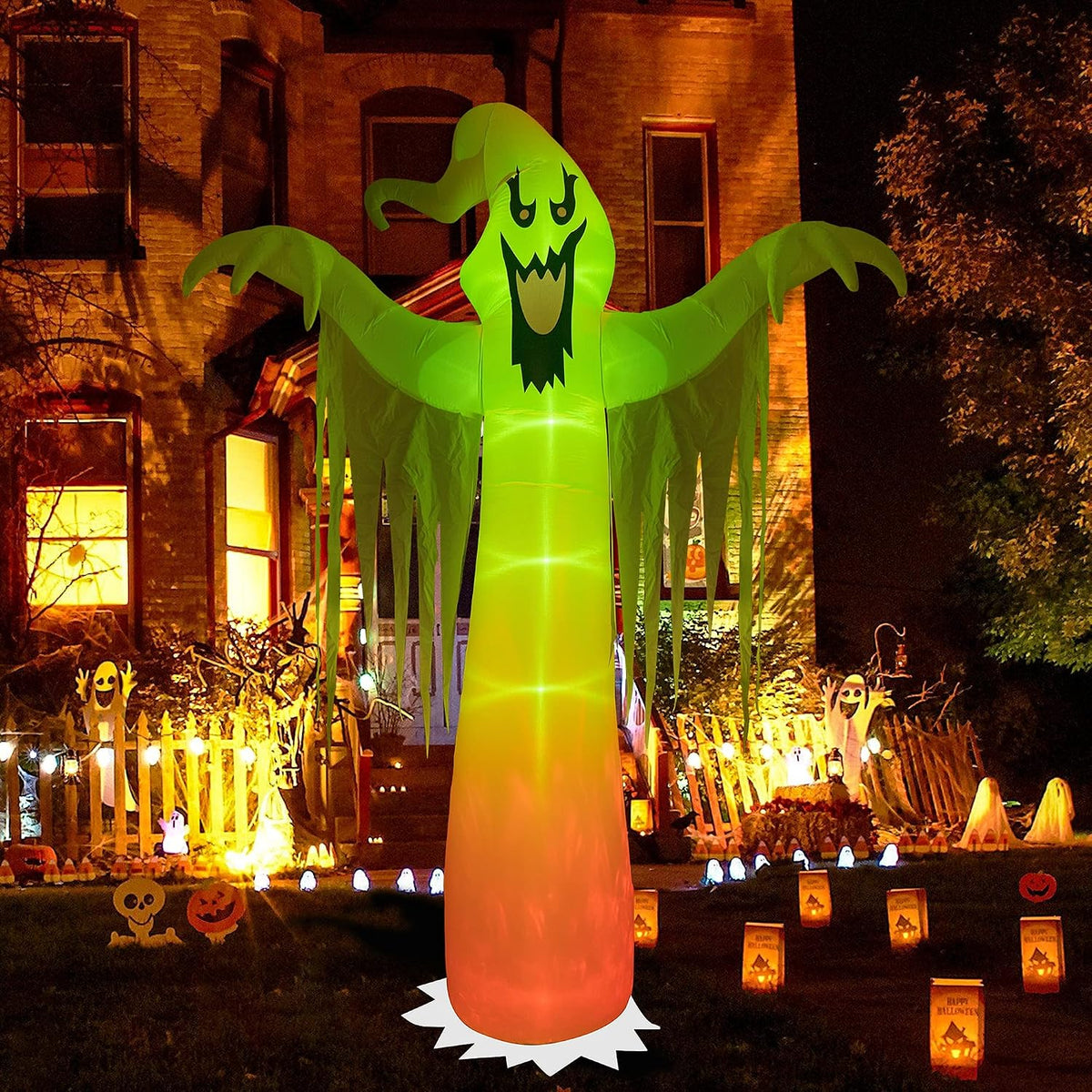 Hourleey Child-Safe 9 FT Halloween Ghost Inflatables – Built-in Fan and LED Lights for Driveway Display and Family-Friendly Yard Parties