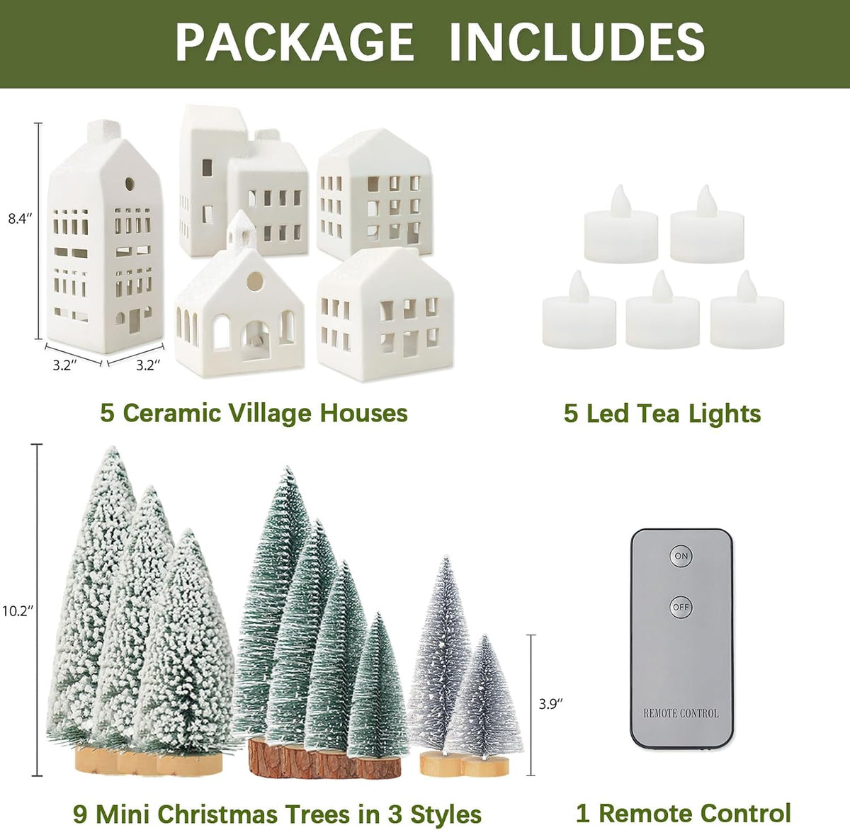 9 mini christmas trees in varied heights (3.5 to 10 inches)