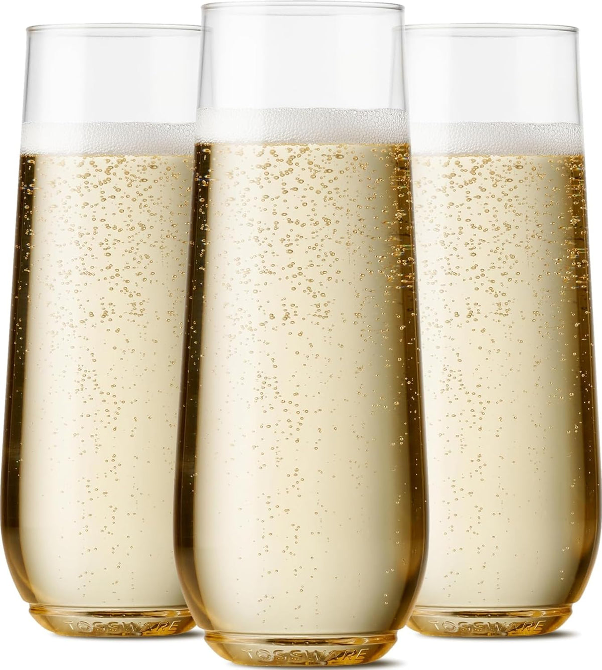 9 oz flute capacity with dimensions of 2.2 inches in diameter by 5.8 inches high and a smooth rounded drinking rim