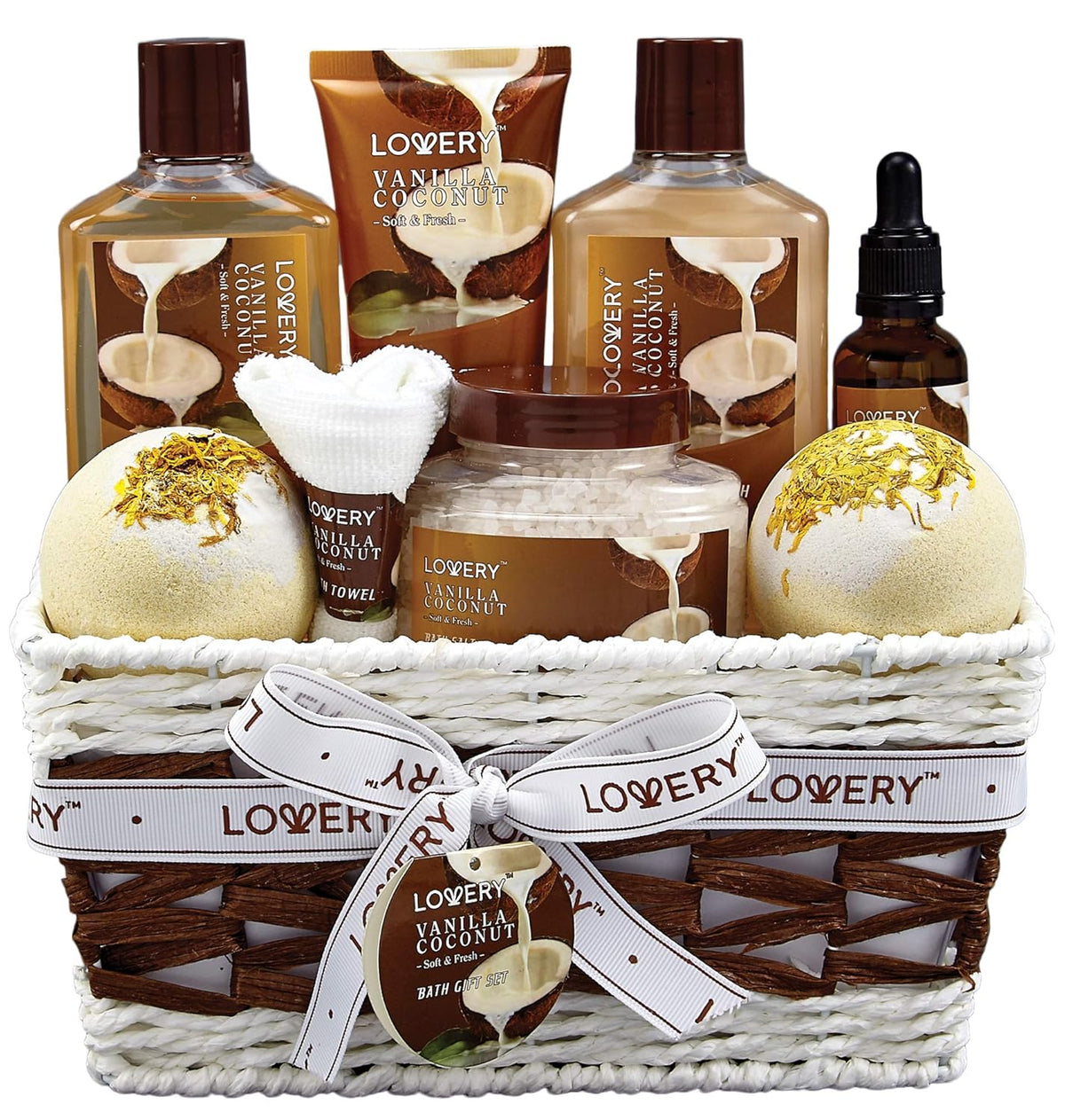 9-piece spa set: shower gel, bubble bath, body scrub, body oil, 2 large bath bombs, bath salt, and bath towel