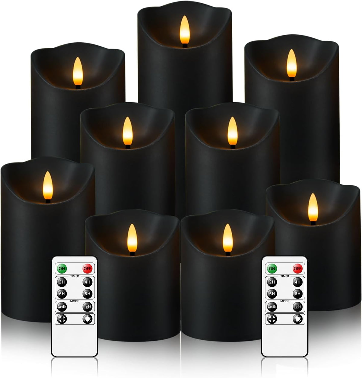 9 pillar candles in graduated heights (3, 4, 5, 6, 7 inches) with 3-inch diameter