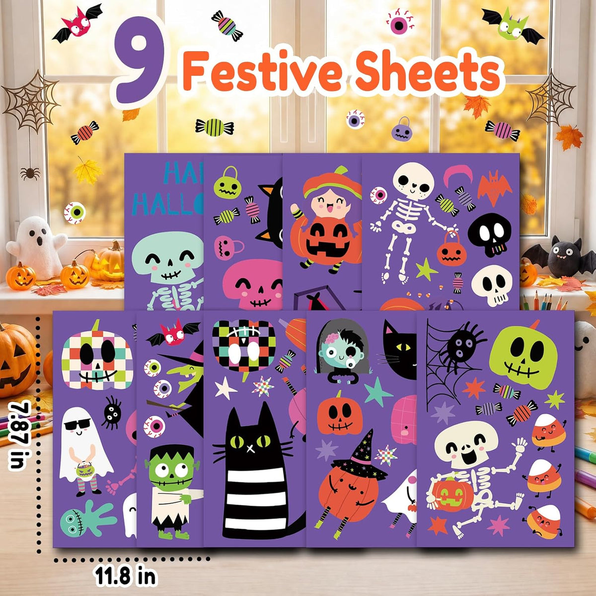 9 themed sheets per pack featuring ghosts, pumpkins, skeletons, bats, witches and frankenstein
