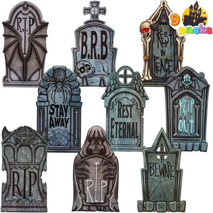 9 tombstones with distinct designs (skull cross, rip, stay away, rest in eternal peace epitaphs)