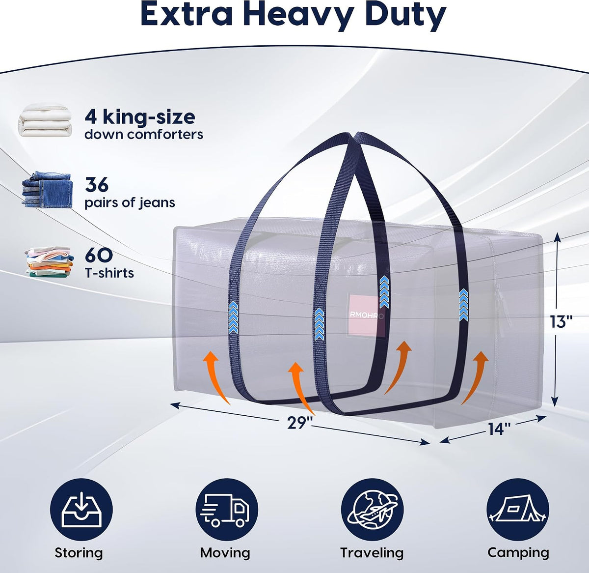 93l / 23-gallon capacity at 29" x 14" x 13", holding 4 king comforters or 60 t-shirts per bag