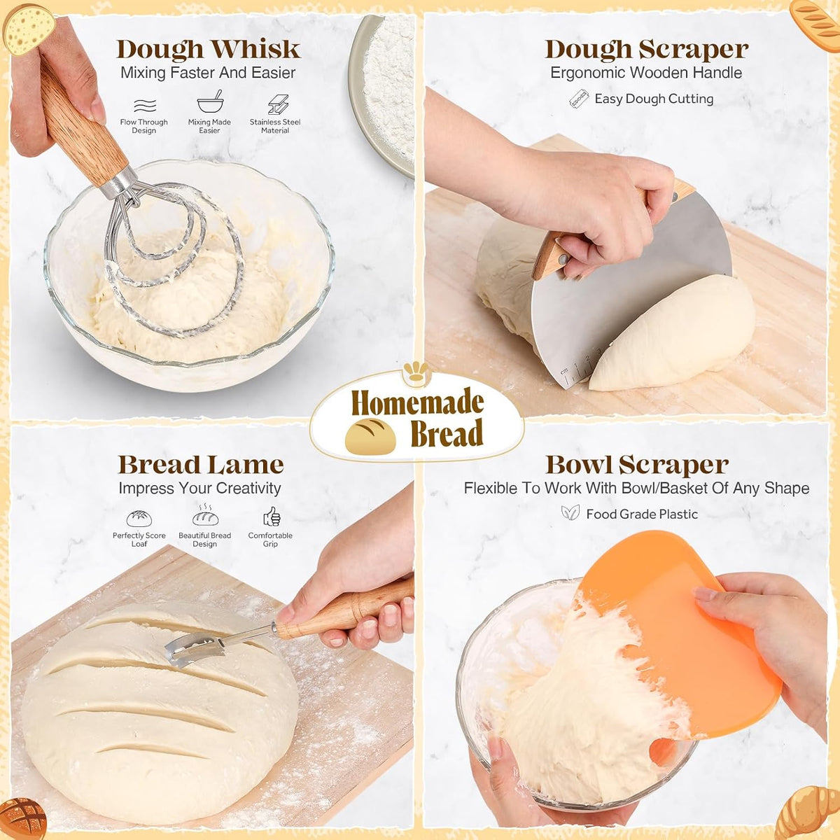 a broad tool bundle containing a dough whisk, silicone spatula, bowl scraper, stainless steel scraper, flour duster, bread lame, five replacement blades, blade cover, cooking brush, and cleaning brush