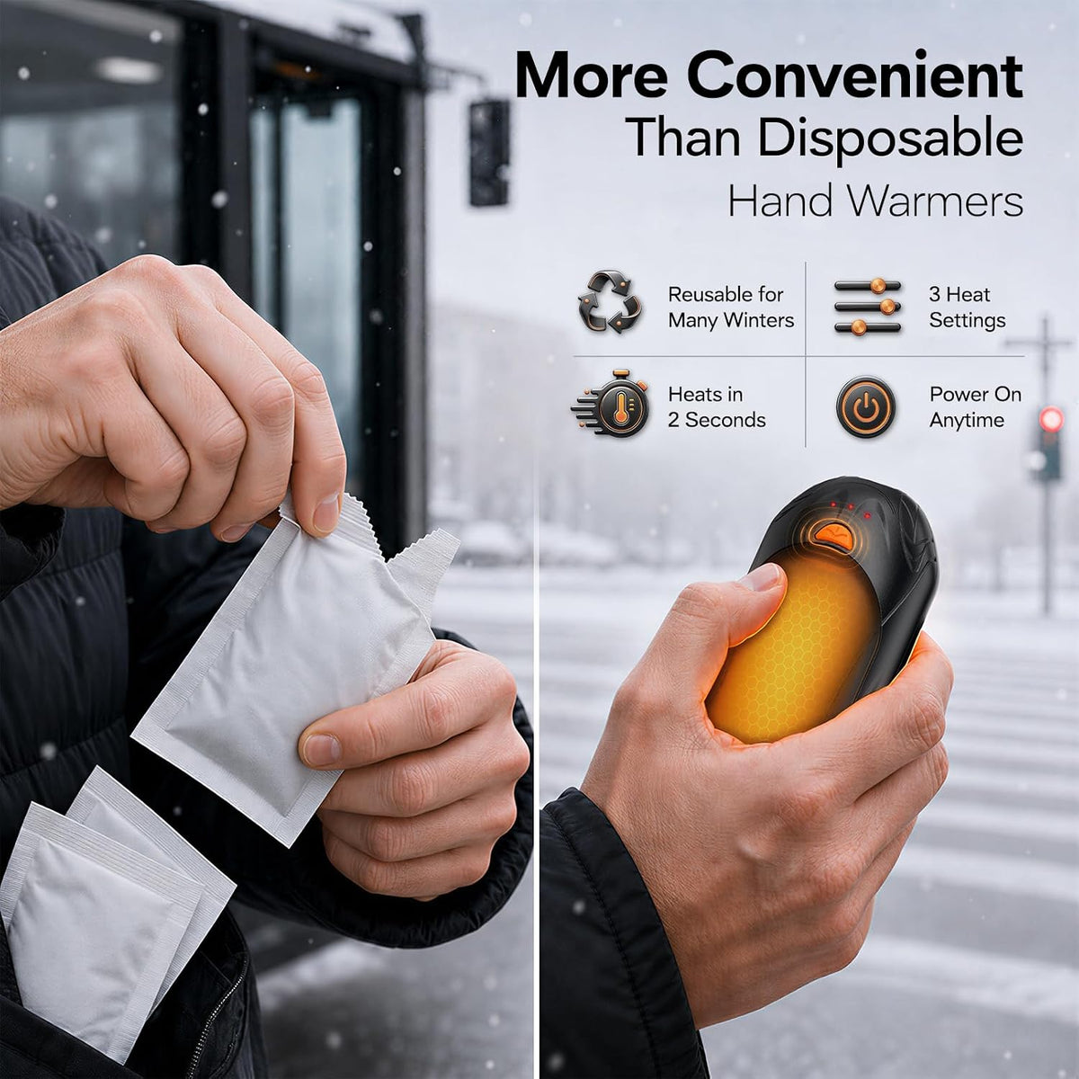 a flexible two-in-one design that snaps together for concentrated warmth or separates into two portable hand warmers