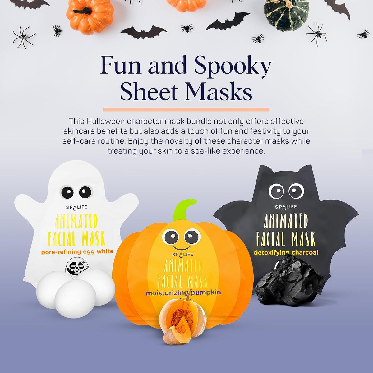active ingredients including pumpkin extract, egg white, and charcoal for targeted skincare benefits
