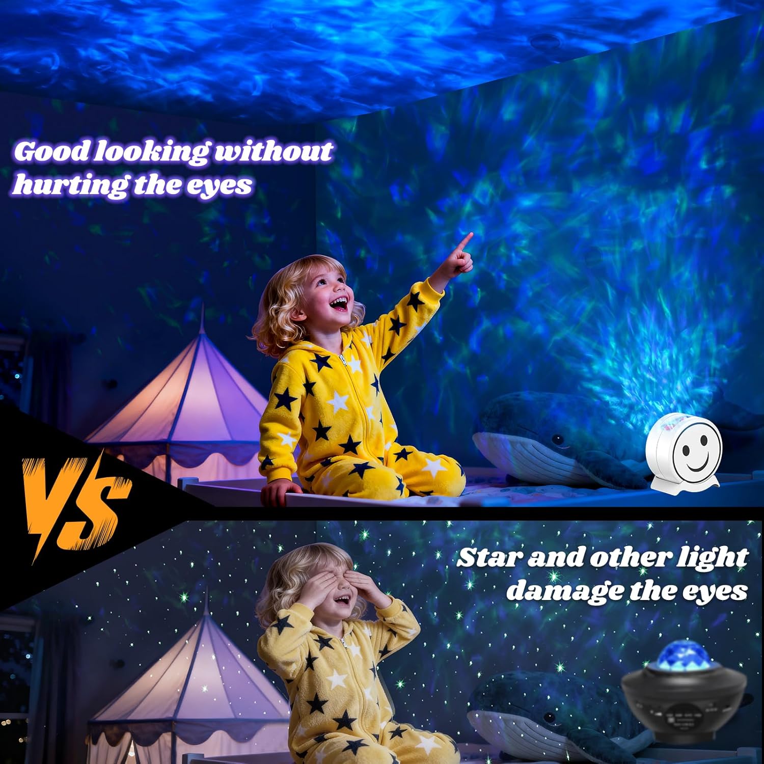 adjustable multi-angle projection head (cheerful smiley design on base) for wall, floor, or ceiling display
