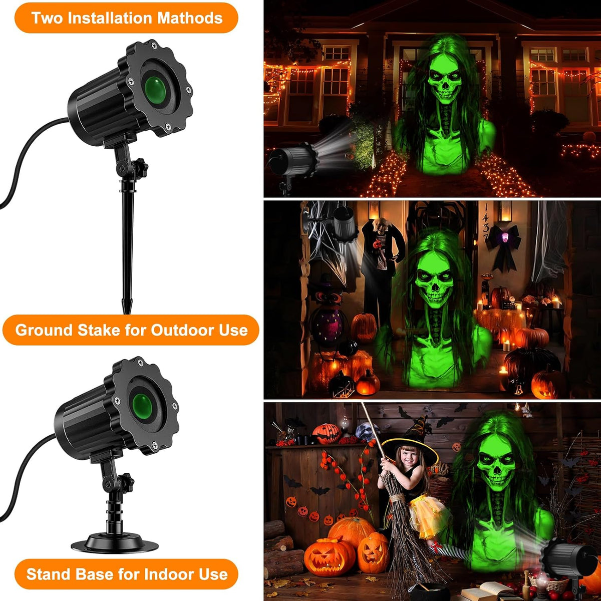 adjustable projection angle and distance for positioning on walls, windows, and garage doors