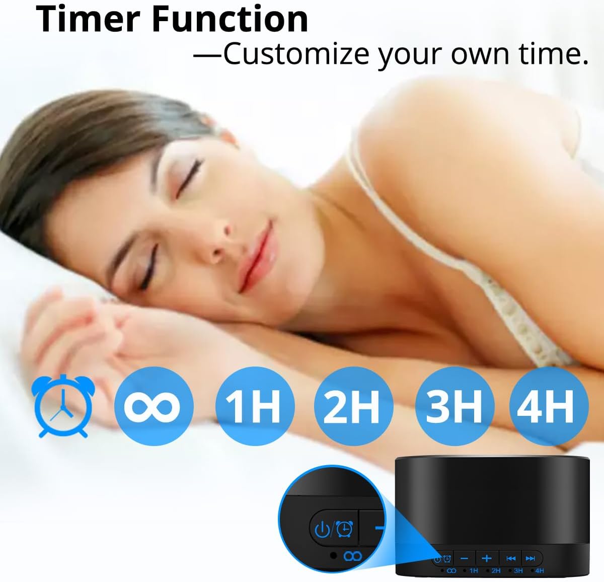 adjustable sleep timer with 1h, 2h, 3h, 4h, and continuous play options