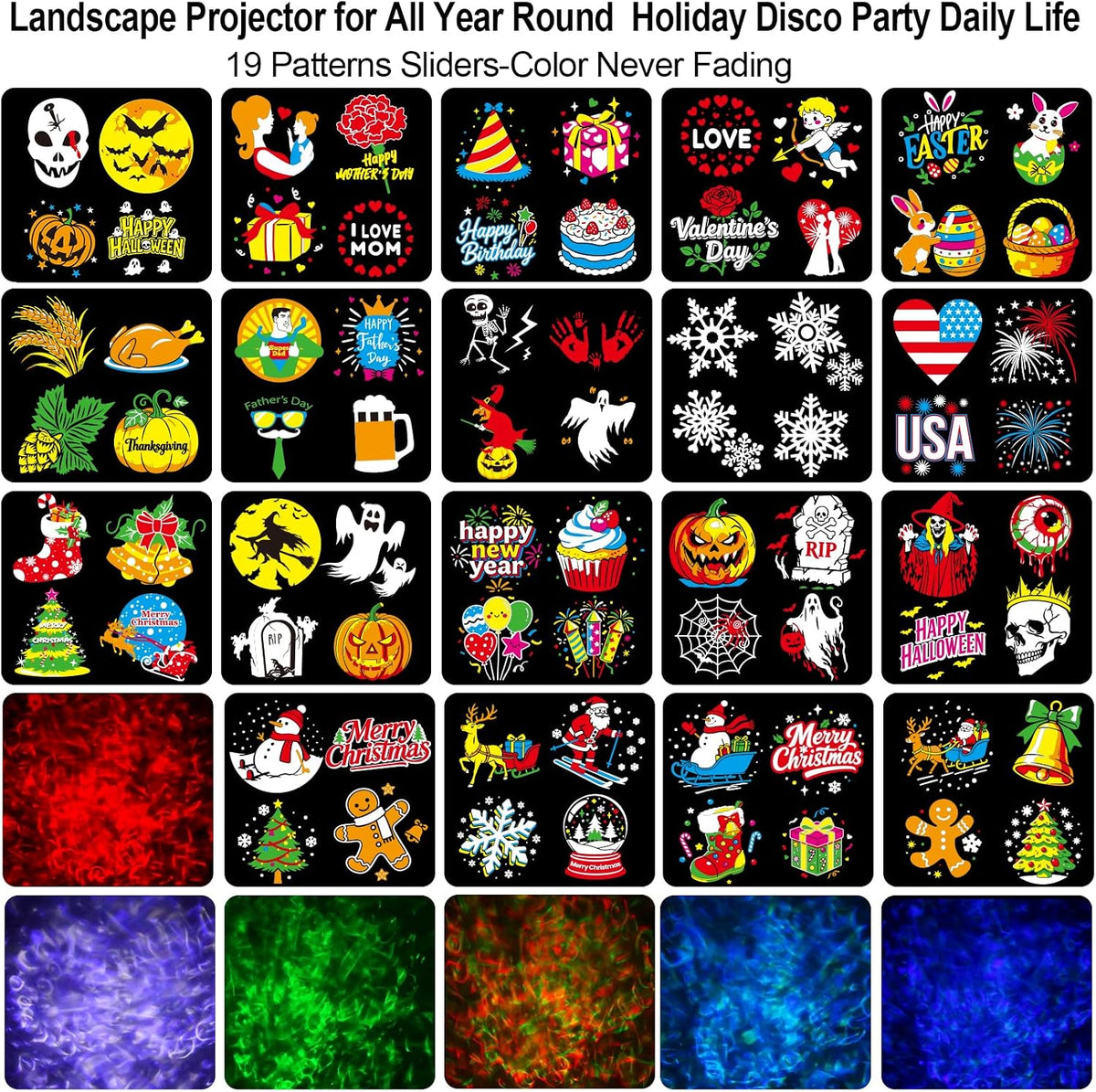 advertised 19-slide set with 76 patterns and 11 festival themes; listed variants include 4 patterns and black (8 patterns)
