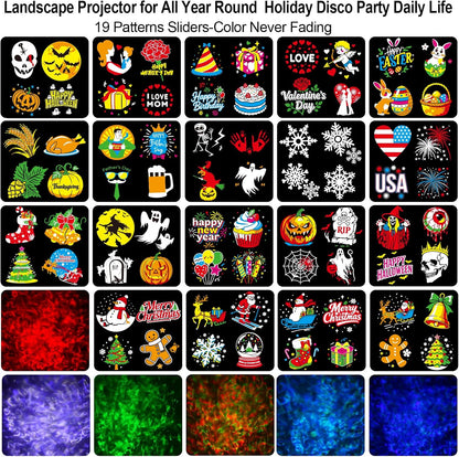 advertised 19-slide set with 76 patterns and 11 festival themes; listed variants include 4 patterns and black (8 patterns)