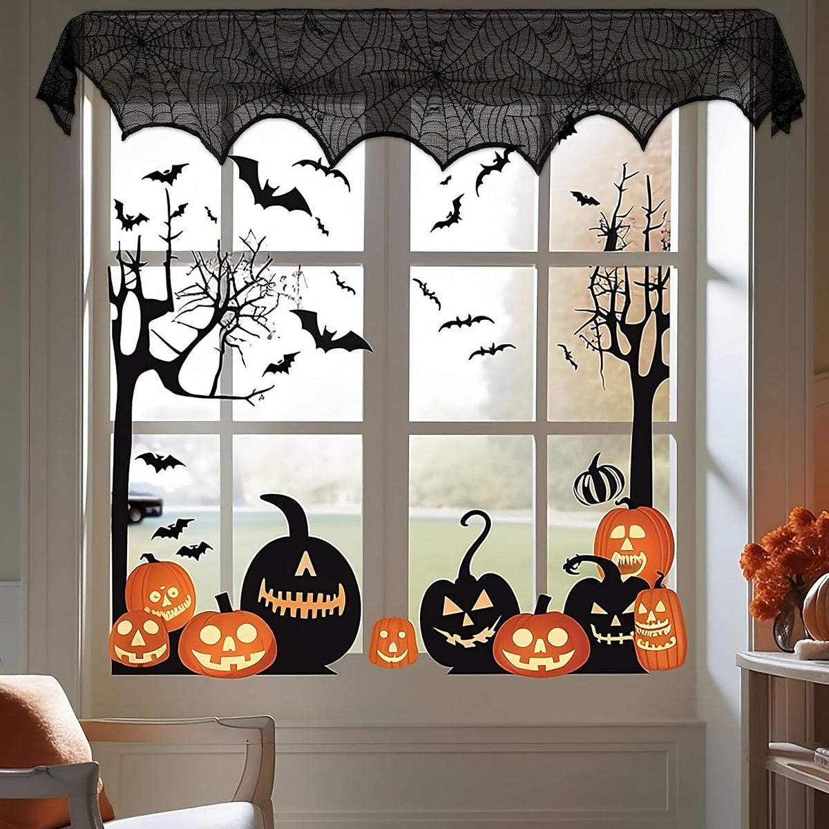 AerWo Seamless Lace Mantle Cover – Premium Gift for Halloween Enthusiasts, Elegant Black Fireplace Accent, 96 Inch
