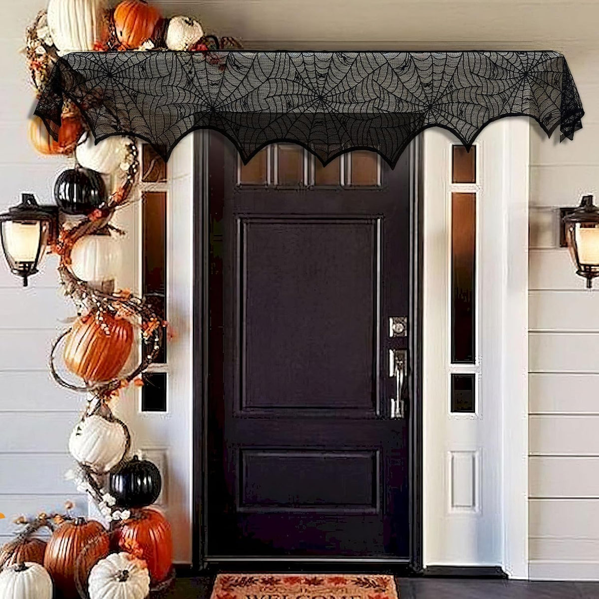 AerWo Seamless Lace Mantle Cover – Premium Gift for Halloween Enthusiasts, Elegant Black Fireplace Accent, 96 Inch