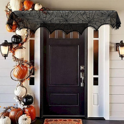 AerWo Seamless Lace Mantle Cover – Premium Gift for Halloween Enthusiasts, Elegant Black Fireplace Accent, 96 Inch