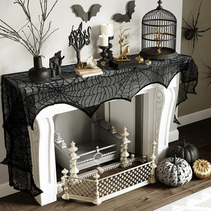AerWo Seamless Lace Mantle Cover – Premium Gift for Halloween Enthusiasts, Elegant Black Fireplace Accent, 96 Inch
