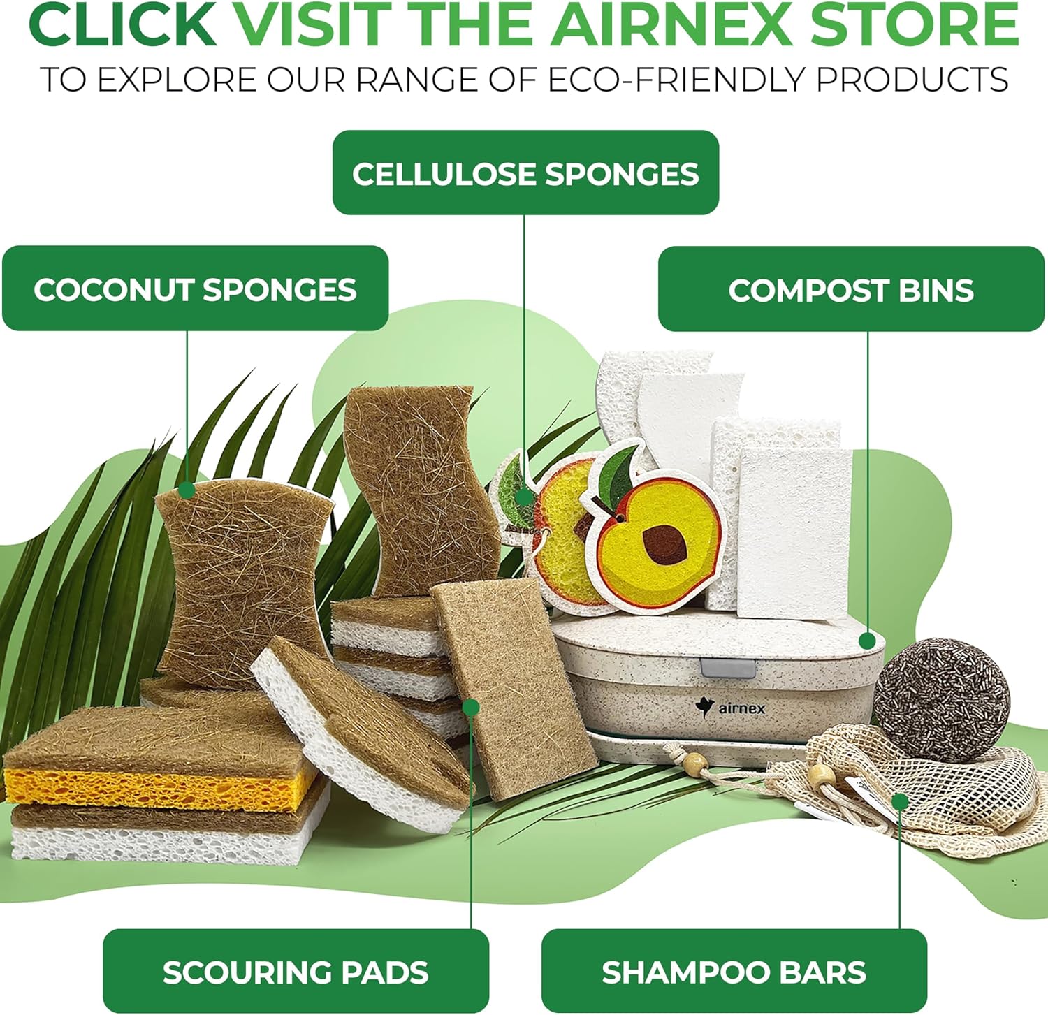 AIRNEX Natural Kitchen Sponge for Minimalist Studio Apartments, Non-Scratch Cellulose and Coconut Dish Cleaner