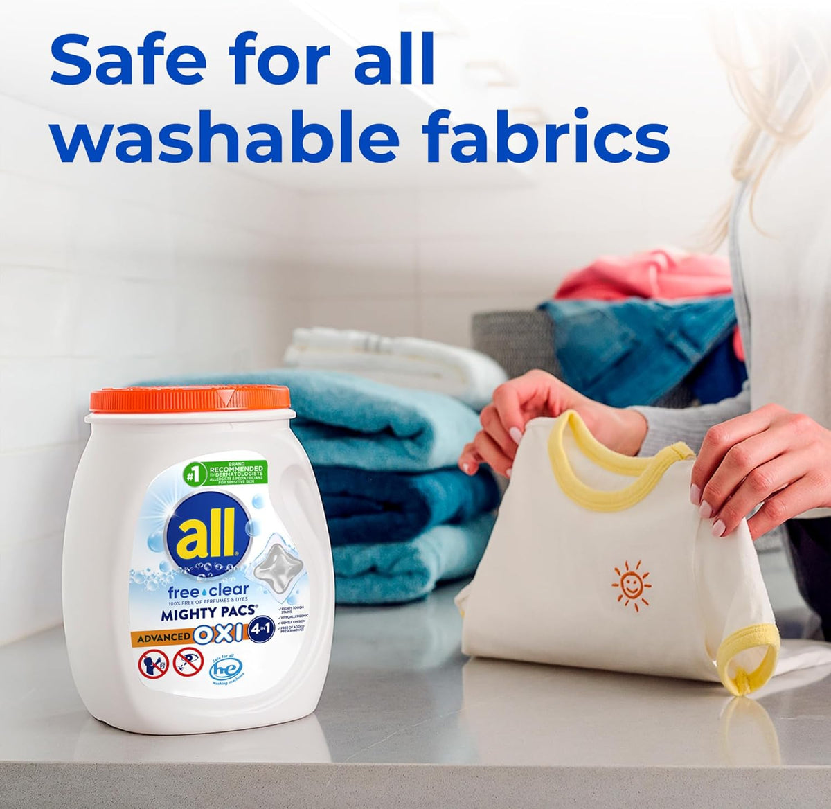 all Free Clear Mighty Pacs with OXI – Streamlined Laundry for Clutter Free Homes, Unscented and Dye Free, 56 Count