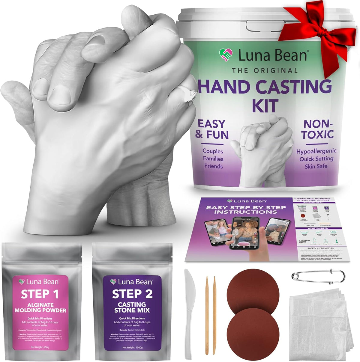 all-in-one kit includes 600 g alginate molding powder, 1,000 g casting stone, a plastic molding container, sandpaper, a sculpting knife, and detailing tools