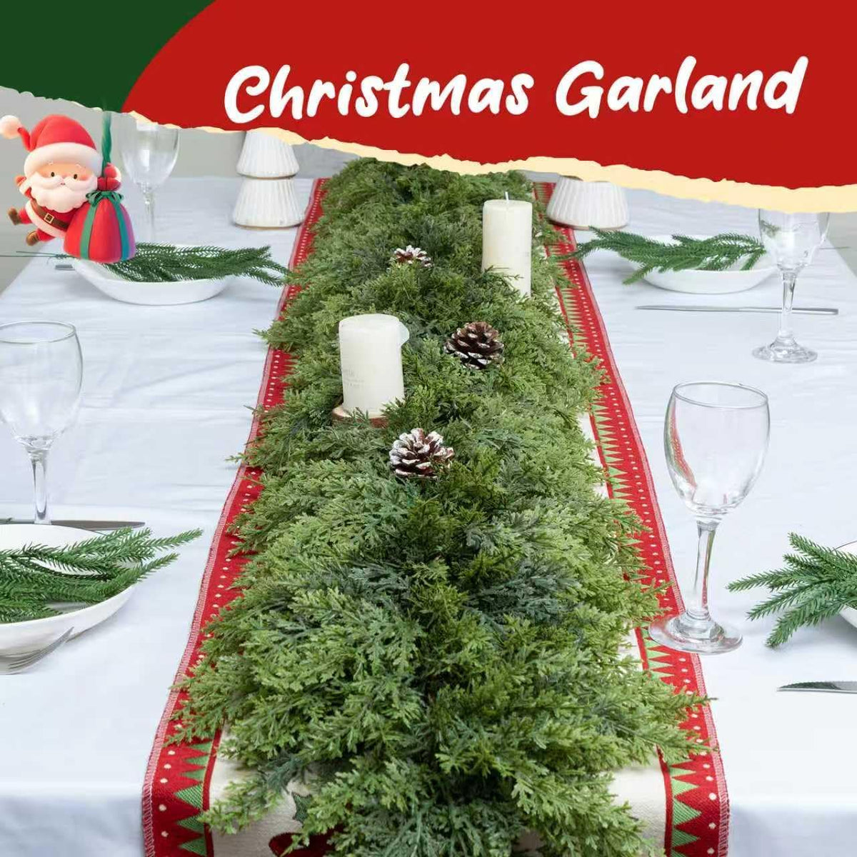 all variants are green, with 6-, 9-, 12-, and 15-foot one-garland options plus 6- and 9-foot two-garland packs