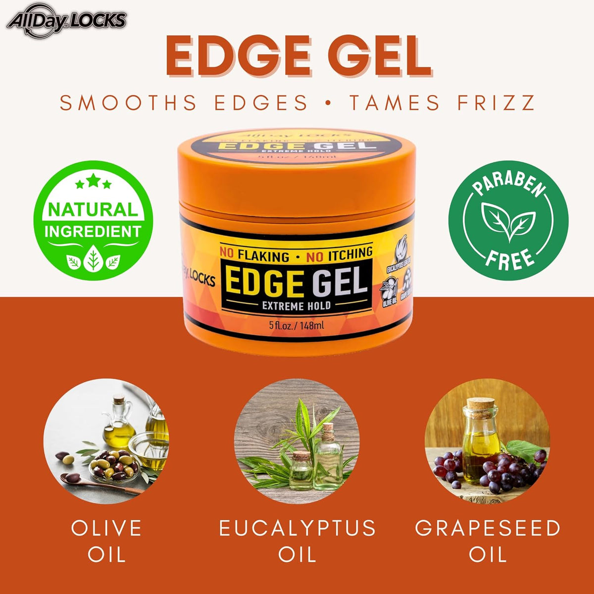 AllDay Locks Edge Gel Extreme Hold, Natural Haircare for Curly and Coily Textures, Rosemary-Infused Daily Styling Ritual