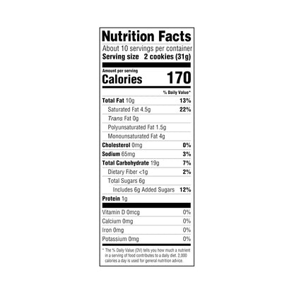 allergen statement identifies pecans, milk, wheat, and soy, with possible egg, macadamia nut, and peanut cross-contact