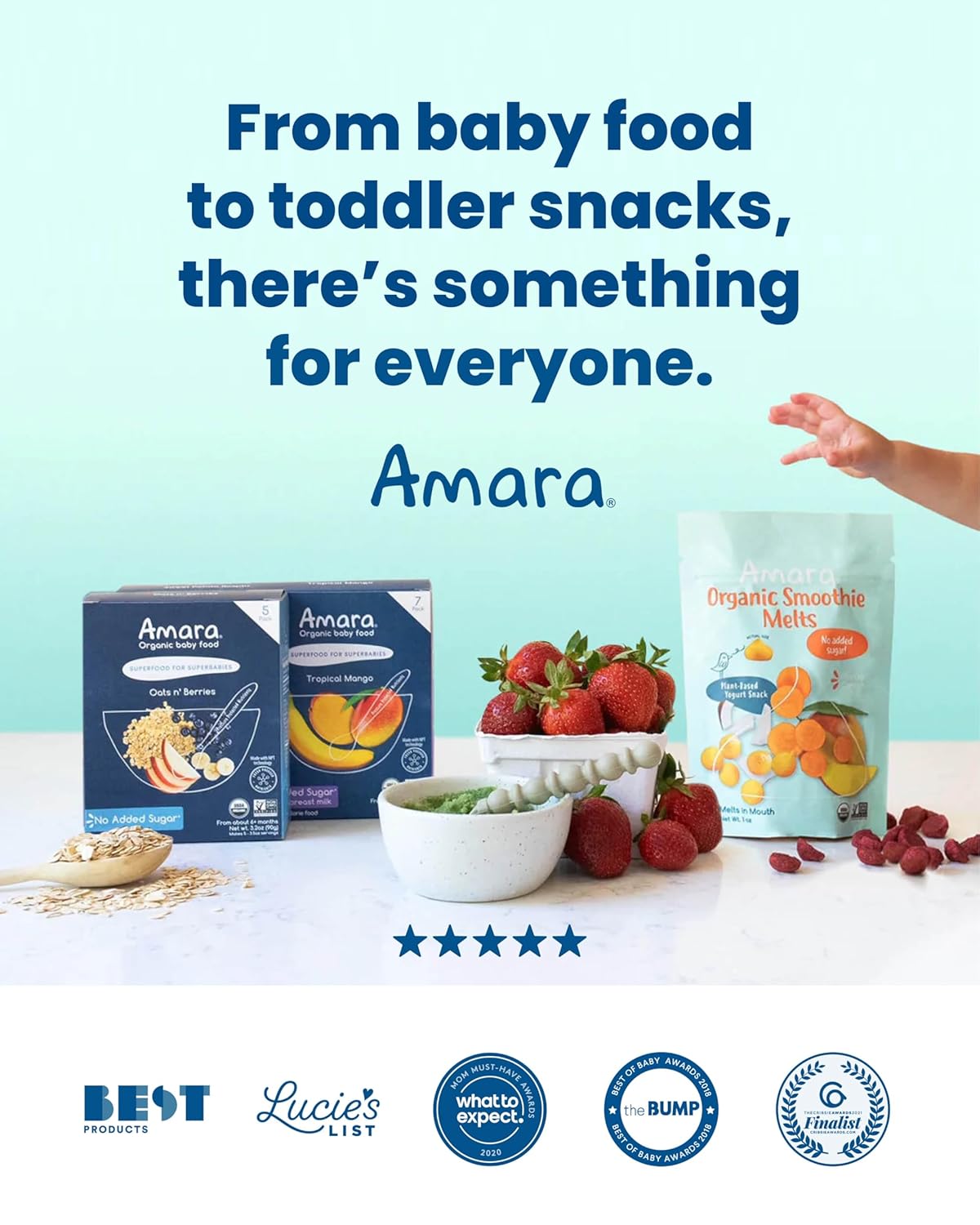 Amara Organic Mixable Baby Cereal for Home and Travel, Shelf Stable Squeeze Pouches for Kids on the Go, 3.5oz 5-Pack