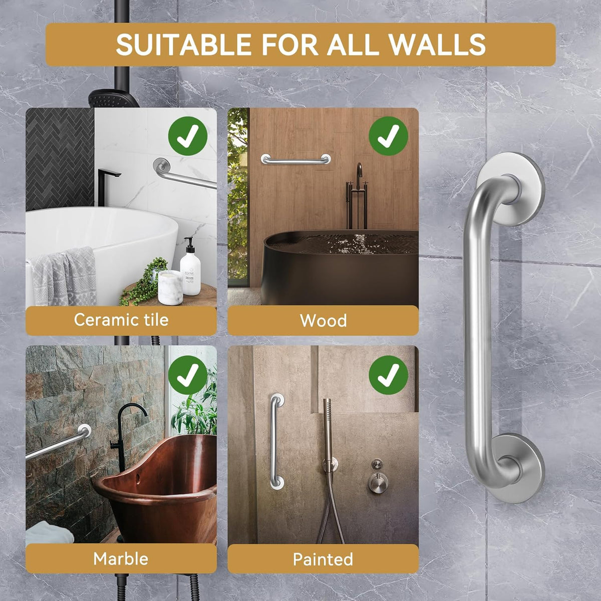 AmazerBath Brushed Nickel Grab Bar – Modern Bathroom Hardware with Hidden Safety Function