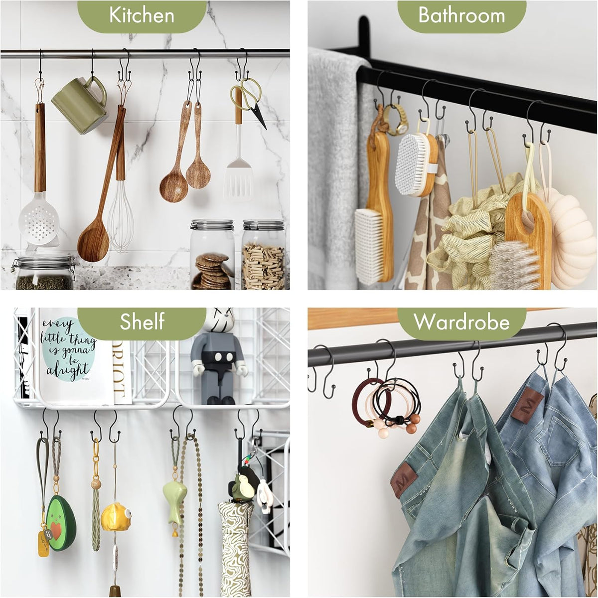 AmazerBath Shower Curtain Hooks Black Double Hook – Designer Bathroom Hardware Refresh, 12-Piece Set Matches Faucets and Towel Bars