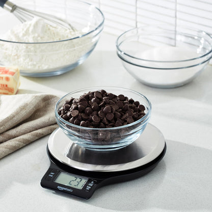 Amazon Basics Kitchen Scale with LCD Display – Understated Black and Stainless Steel Finish for Uncluttered Spaces