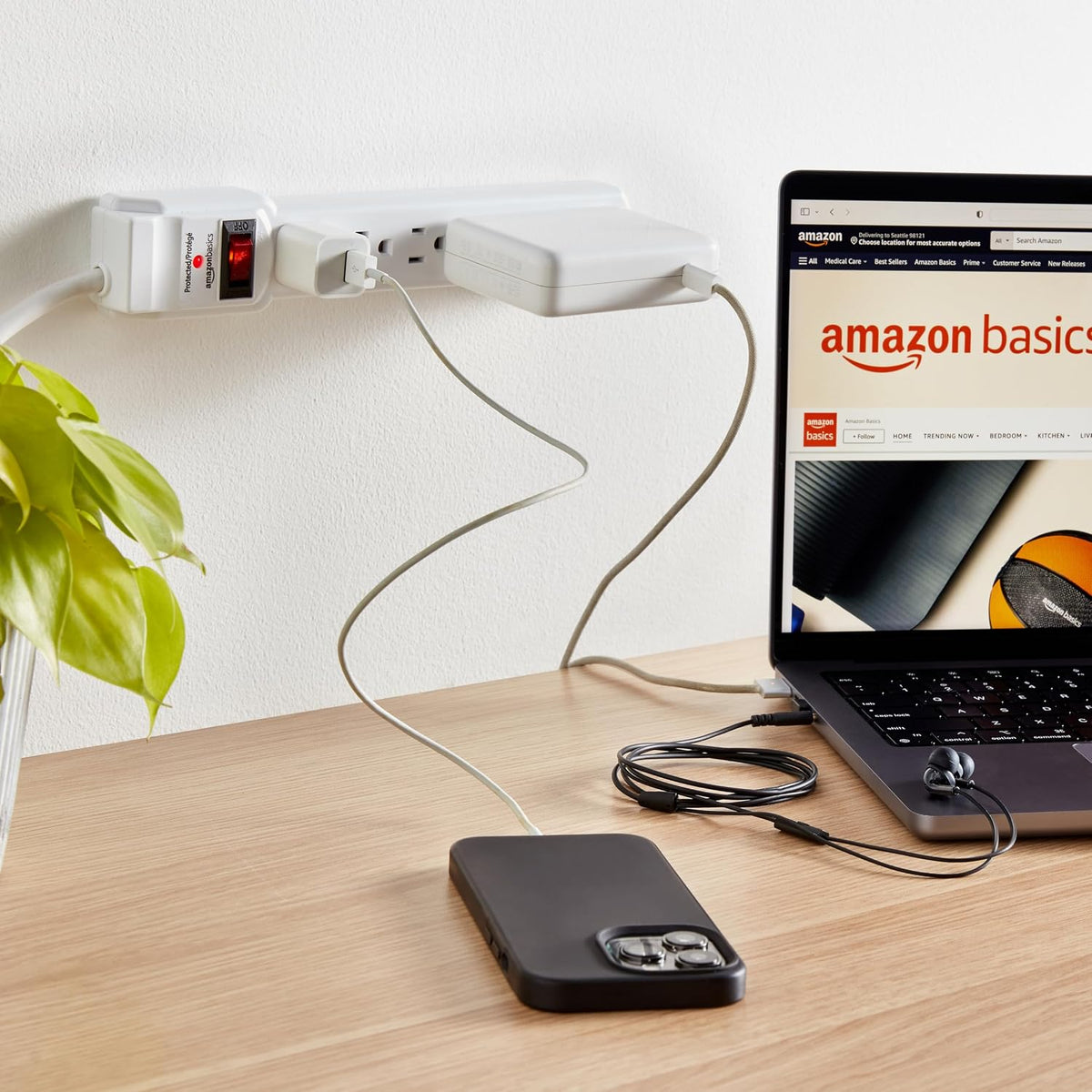 Amazon Basics Surge Protector Power Strip – Simple Scandinavian Media Console, 6-Outlet Power Strip with Concealed Cord