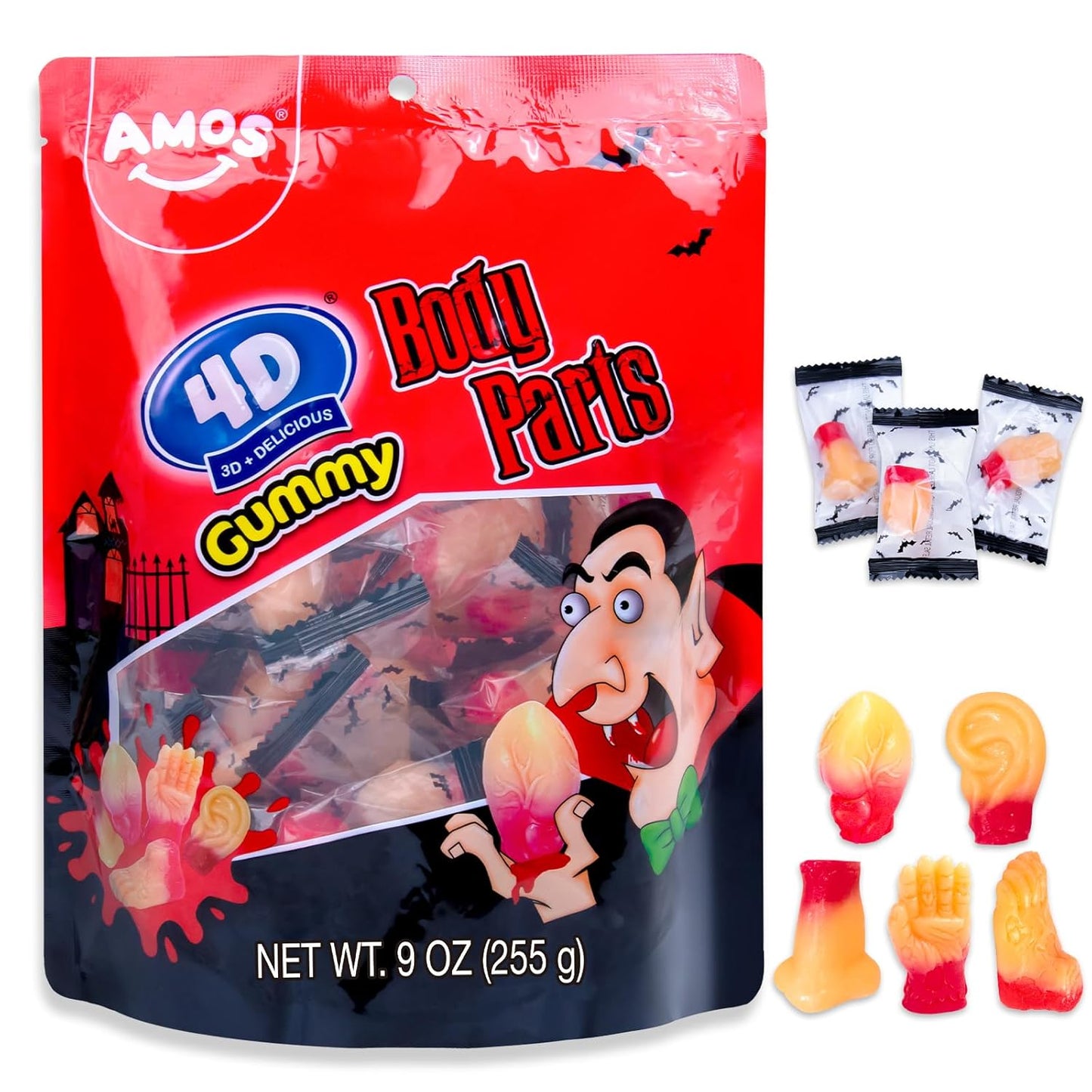 Amos 4D Body Parts Gummy Candy – Individually Wrapped Halloween Treats Safe for Trick-or-Treaters, Classroom Party Favors