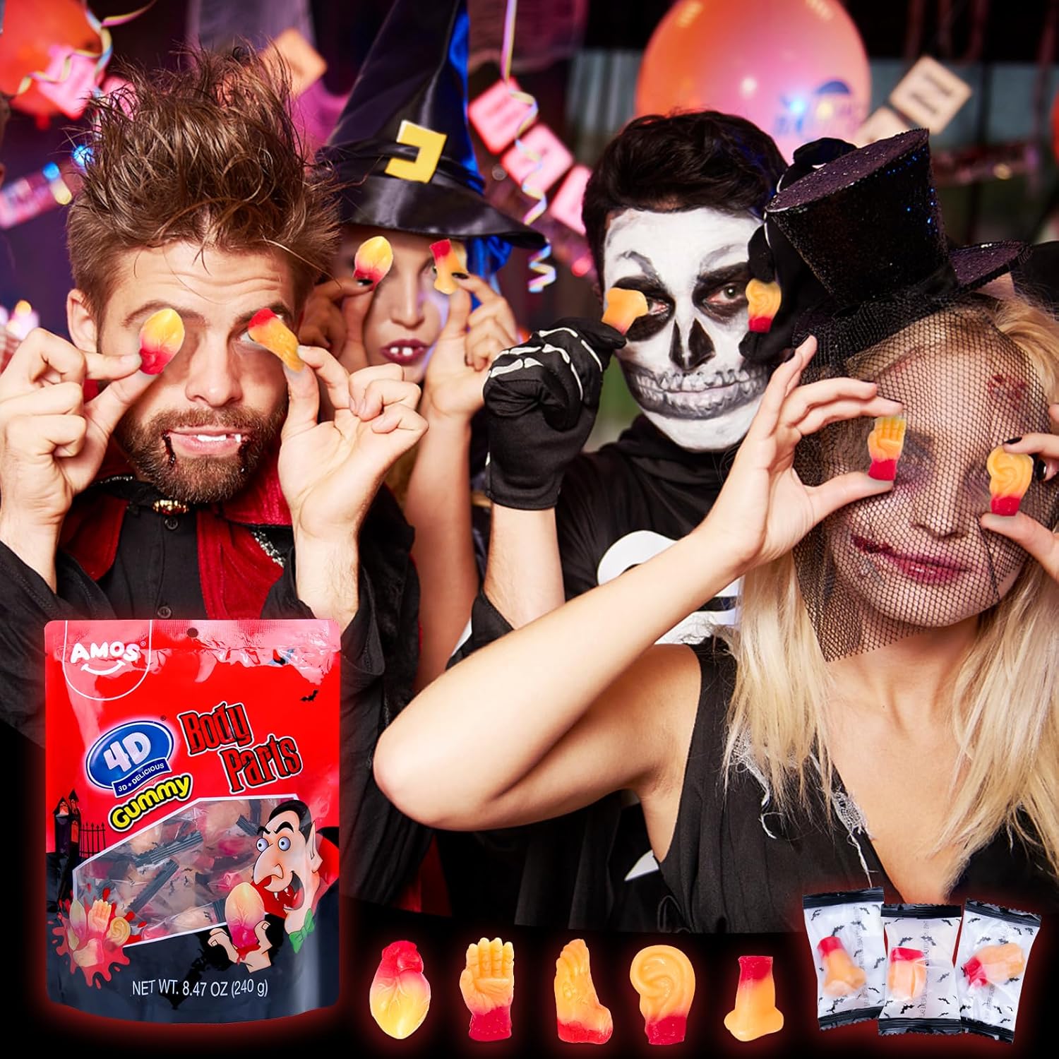 Amos 4D Body Parts Gummy Candy – Individually Wrapped Halloween Treats Safe for Trick-or-Treaters, Classroom Party Favors
