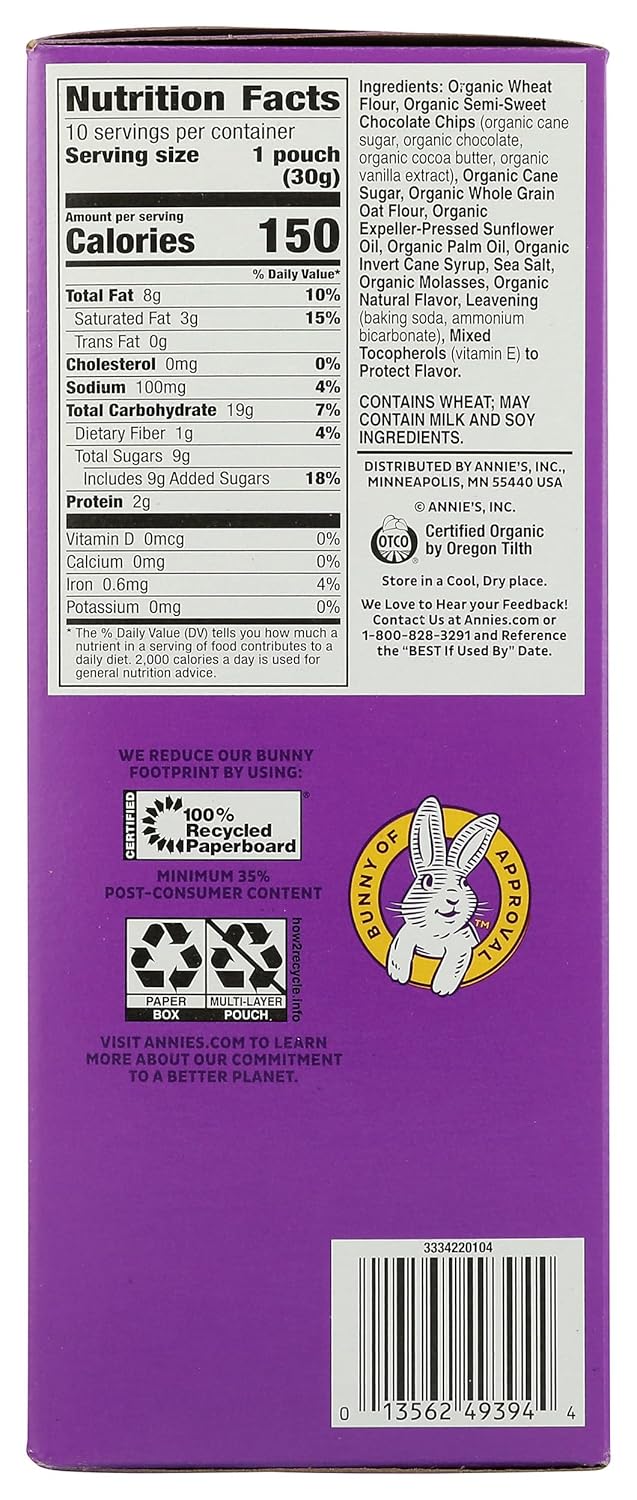 Annie's Organic Mini Chocolate Chip Cookies – Kid-Sized Snack Pouches for Lunchboxes and Grandparents' House
