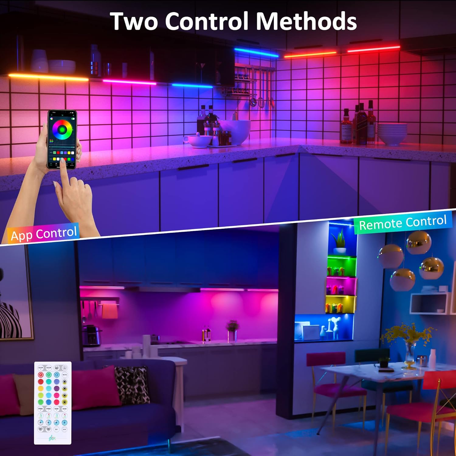 app control plus 40-key ir remote with 13 basic colors and 12 dynamic modes