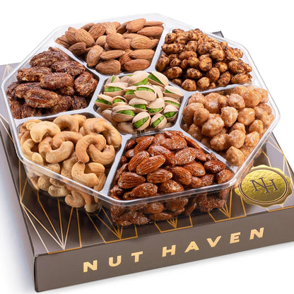 approximately 1 lb total weight of gourmet nuts in a reusable boutique-style gift box