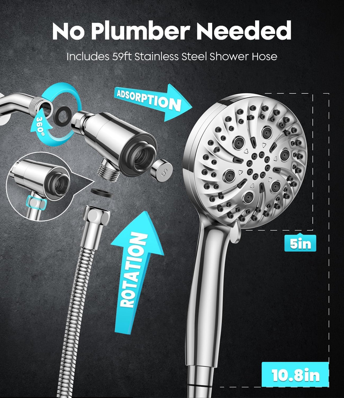 AquaLux Portable Shower Head – Patio Pet Bathing with Magnetic Handheld and 59 Inch Steel Hose