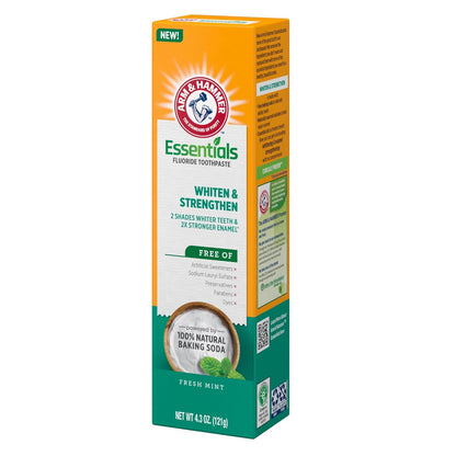 ARM & HAMMER Essentials Whiten & Strengthen Fluoride Toothpaste – Family Safe Fluoride Cavity Defense Without Harsh Chemicals, 4 Pack