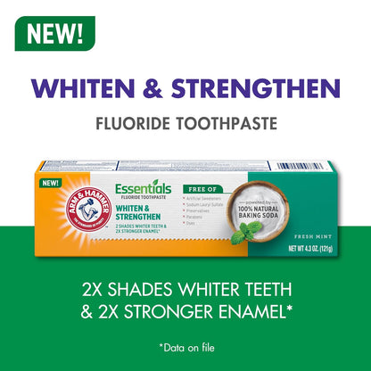 ARM & HAMMER Essentials Whiten & Strengthen Fluoride Toothpaste – Family Safe Fluoride Cavity Defense Without Harsh Chemicals, 4 Pack