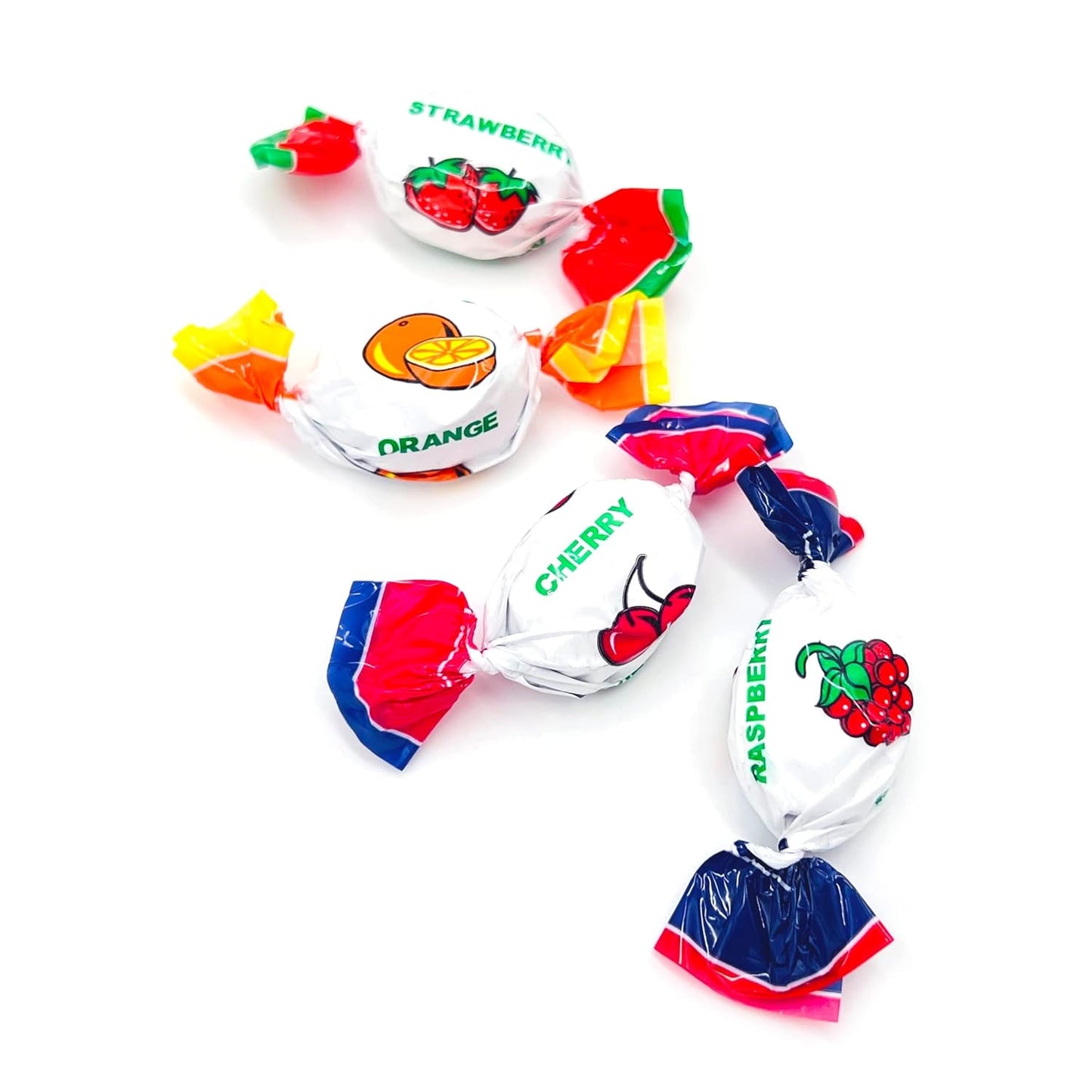 assorted four-flavor mix: strawberry, raspberry, orange, and cherry