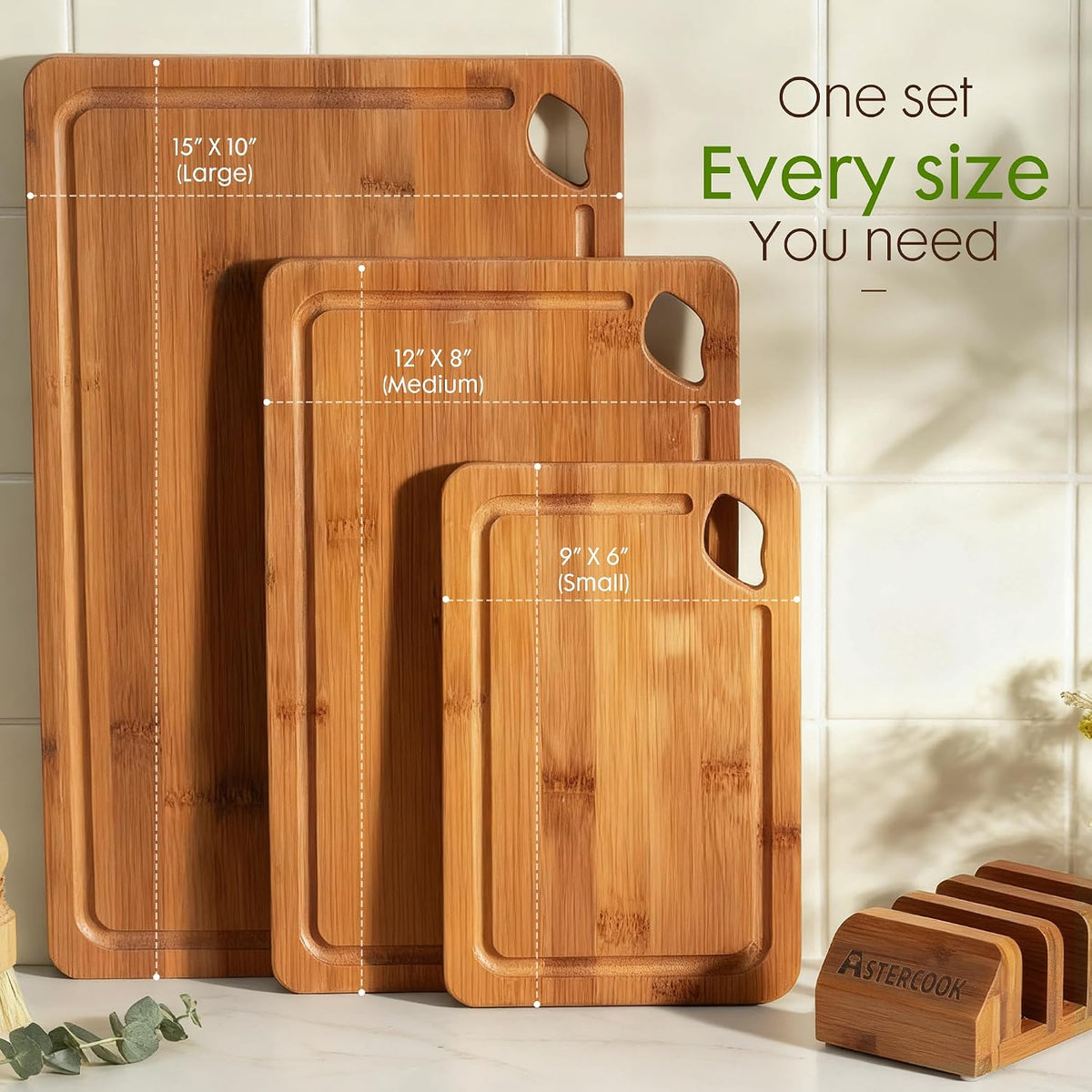 Astercook 3-Piece Bamboo Cutting Board Set – Elegant Wedding Gift for Couples, Includes Matching Wooden Holder and Easy-Grip Handles