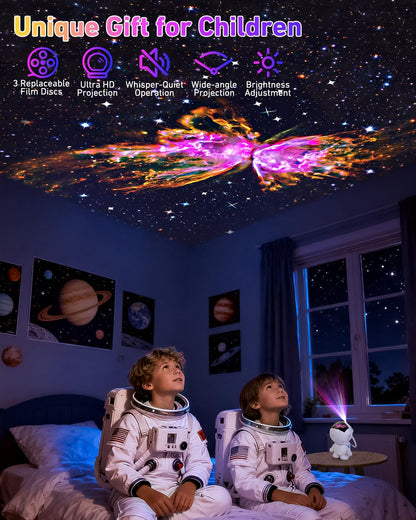 AstroLume Astronaut Space Projector for Toddler Room – Battery-Free LED Star Light with Auto Shutoff for Safe Sleep