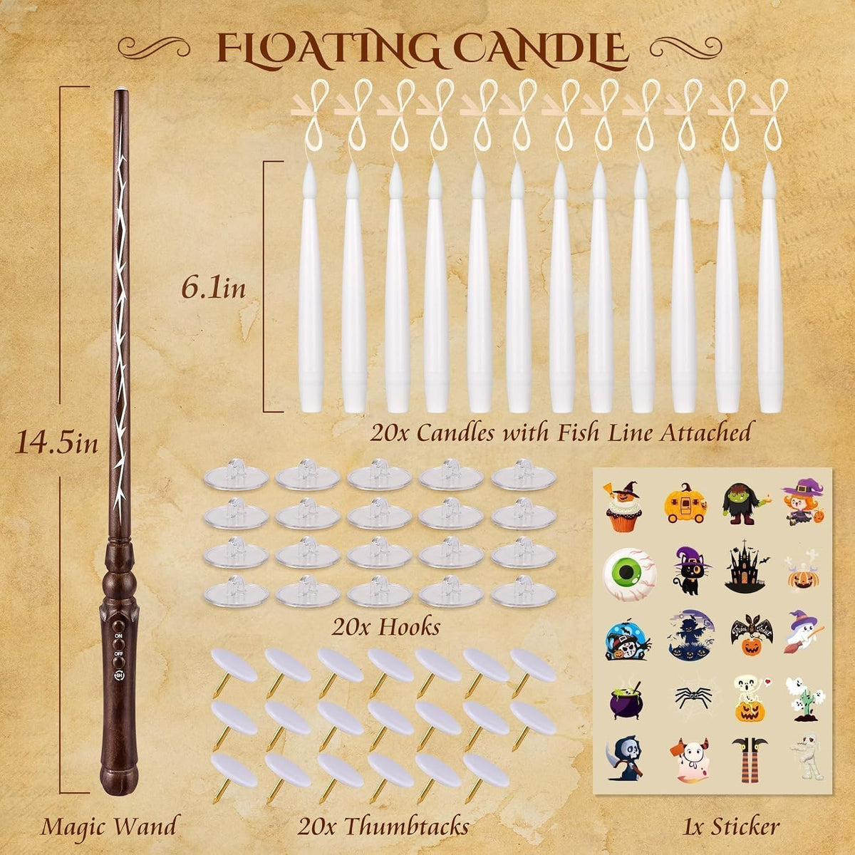 OCATO Wizard Candles for Ceiling and Window Display - Adjustable Transparent Line LED Flicker Lights for Fantasy Themed Room Makeover